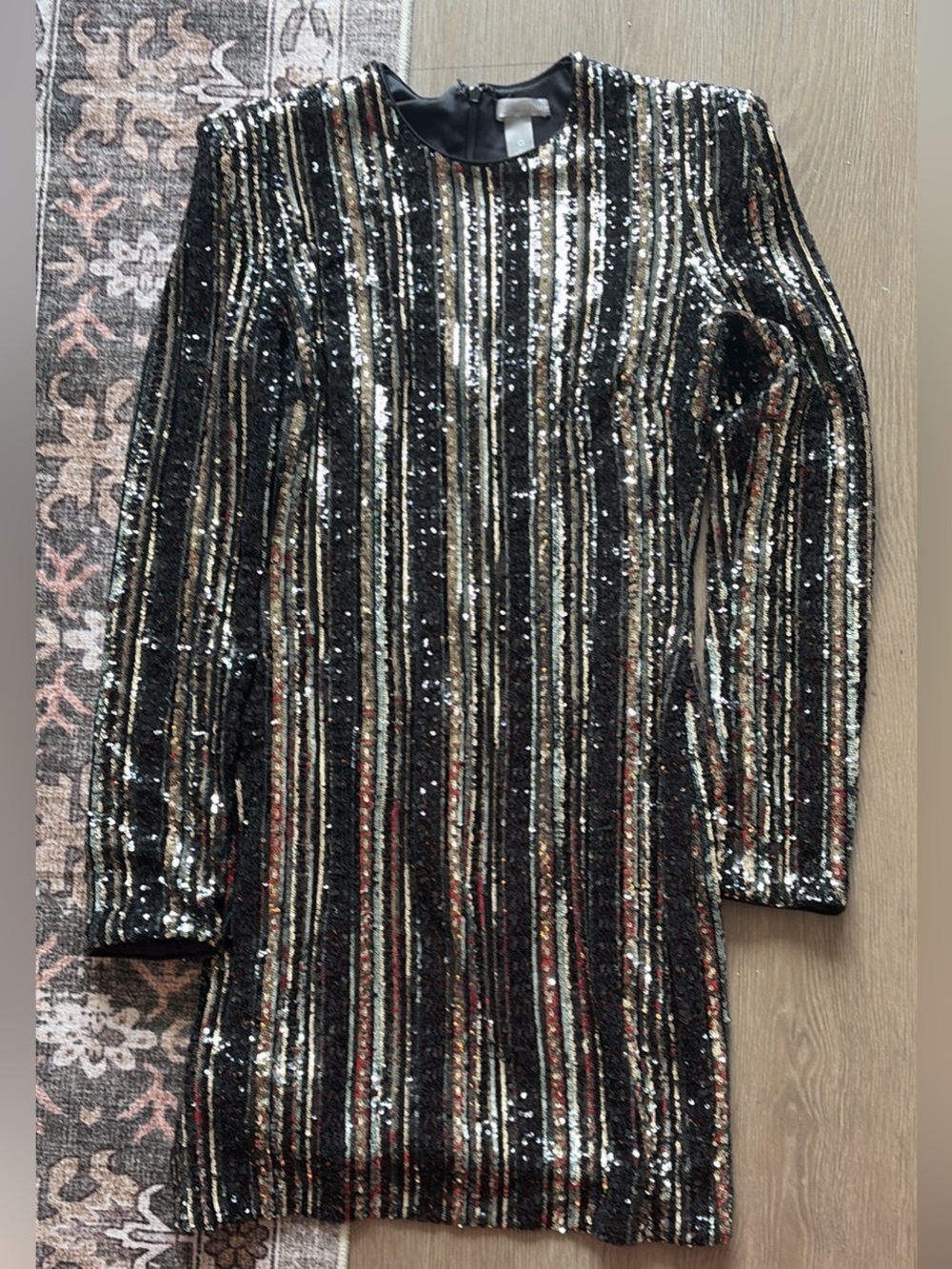 Aqua Black Sequin Striped Long Sleeve Mini Dress
